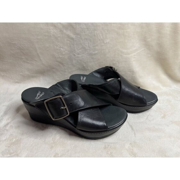 DANSKO Black Leather Chunky Wedge Cris-cross Strap Y2K Comfort Sz 40 US 9 - Picture 1 of 11